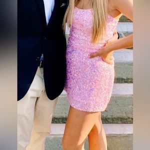 Ashley Lauren Pink Sequin Homecoming Dress With Lace Up Back
